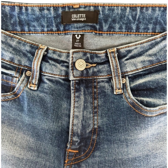True Religion Colette Slim Straight Jeans Sz 27 Blue Raw Hem Y2K Grunge NWOT - Picture 7 of 8